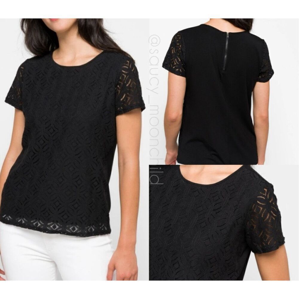 Market & Spruce Stitch Fix Hans Crochet Front Mixed Material Black Top Size Larg